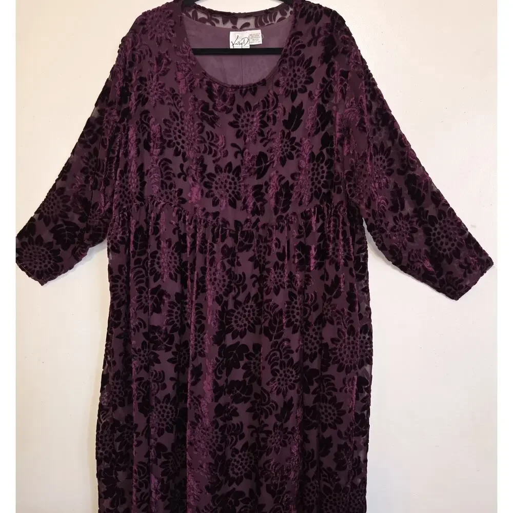VTG Katy D Deep Maroon Babydoll Velour Velvet Burnout Dress PLUS 18/20 Floral